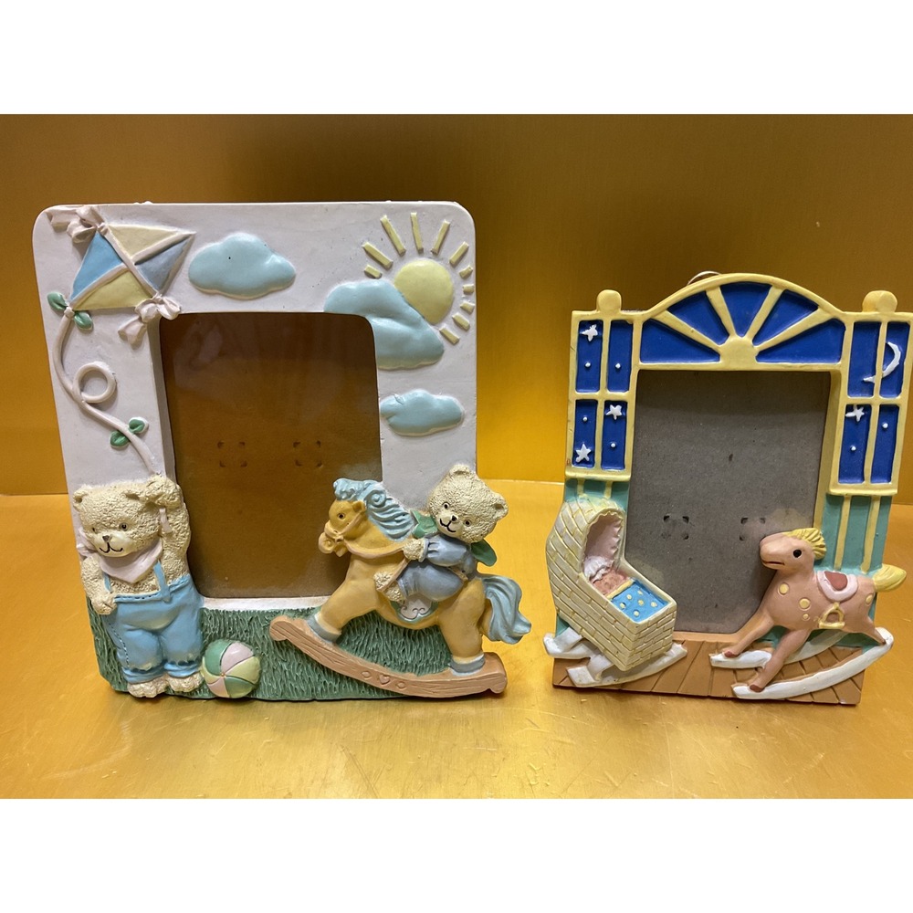 Vintage Nursery Resin Picture Frames Teddy Bear Rocking Horse Set of 2